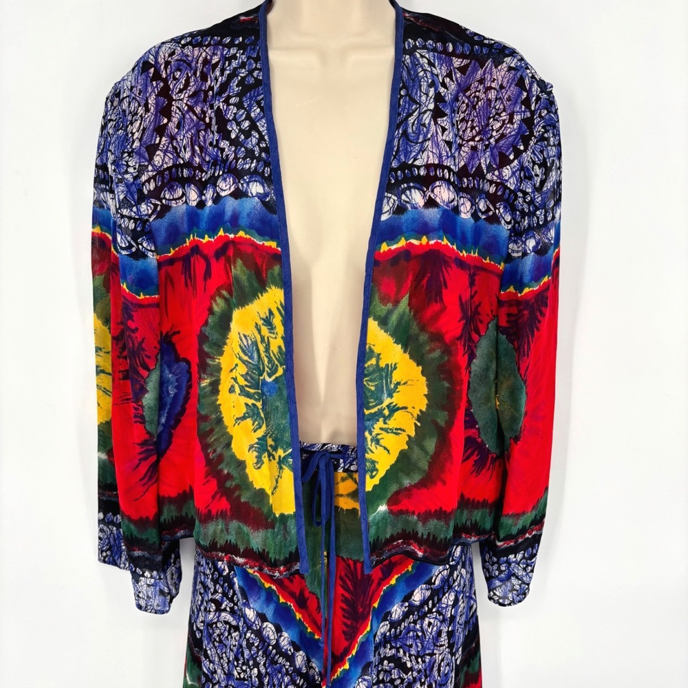 Dorothy Schoelen Platinum Tie Dye Batik 2pc Set Jacket Skirt Womens M L USA
